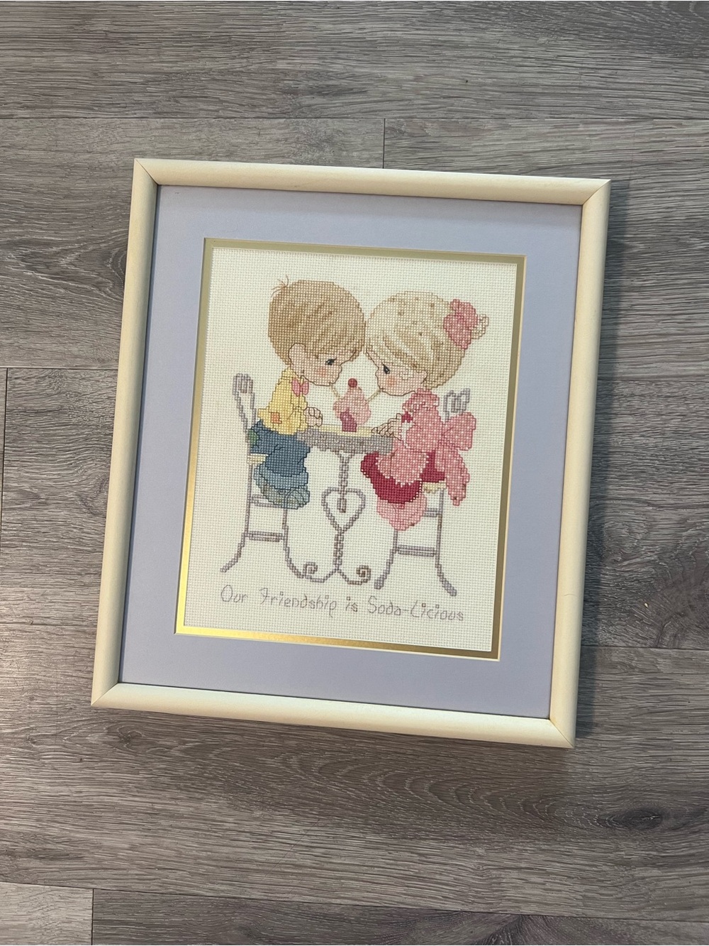 Precious M Framed Cross-Stitch Our Friendship is Soda-licious Pastel Pink & Blue
